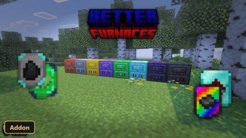 various colored furnaces and two items in a Minecraft world