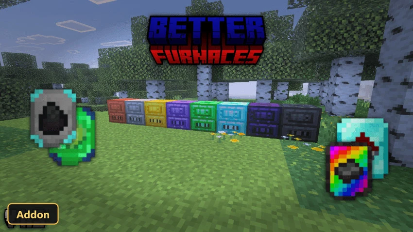 various colored furnaces and two items in a Minecraft world