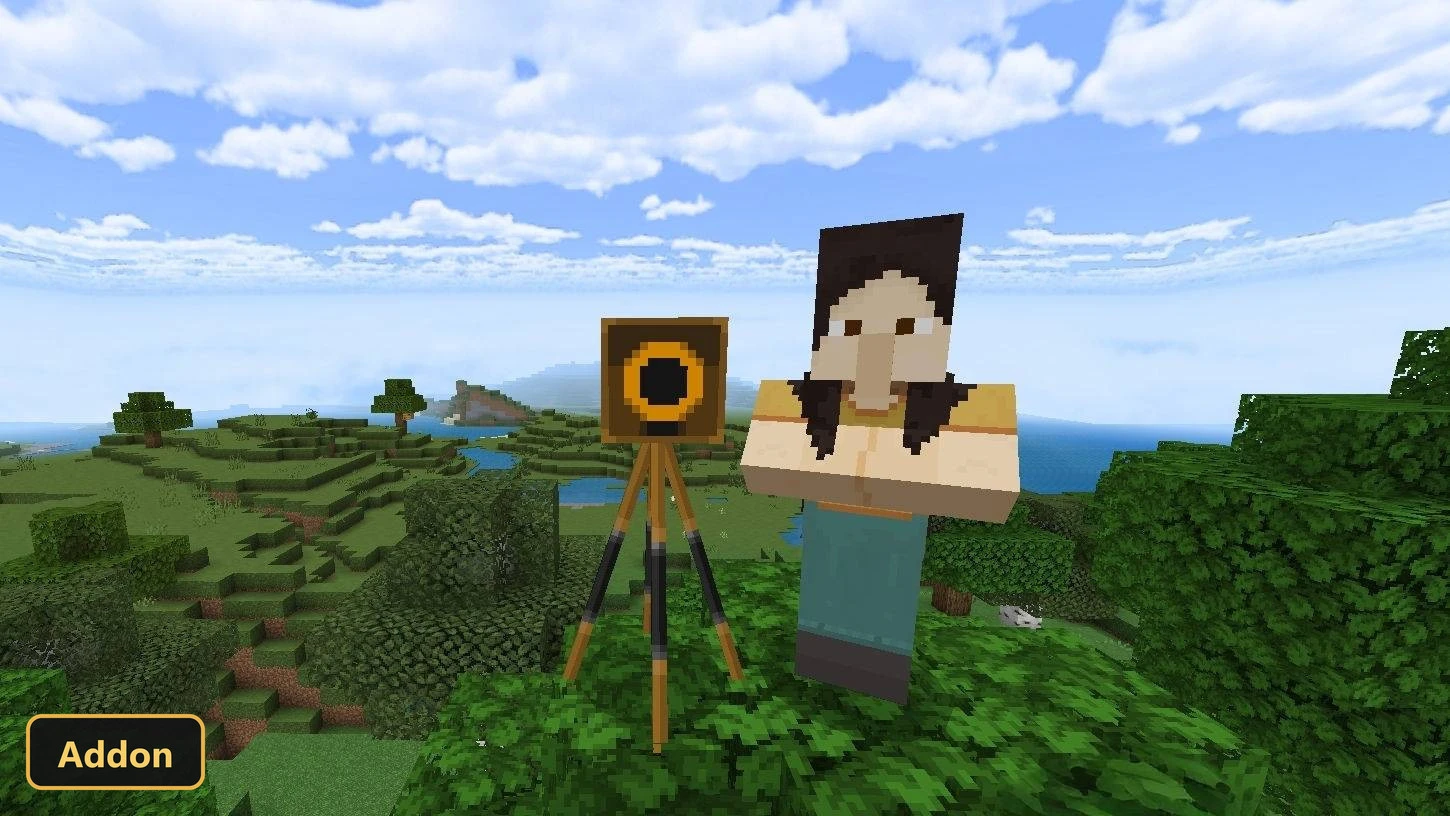 character holding a camera on a tripod in a landscape