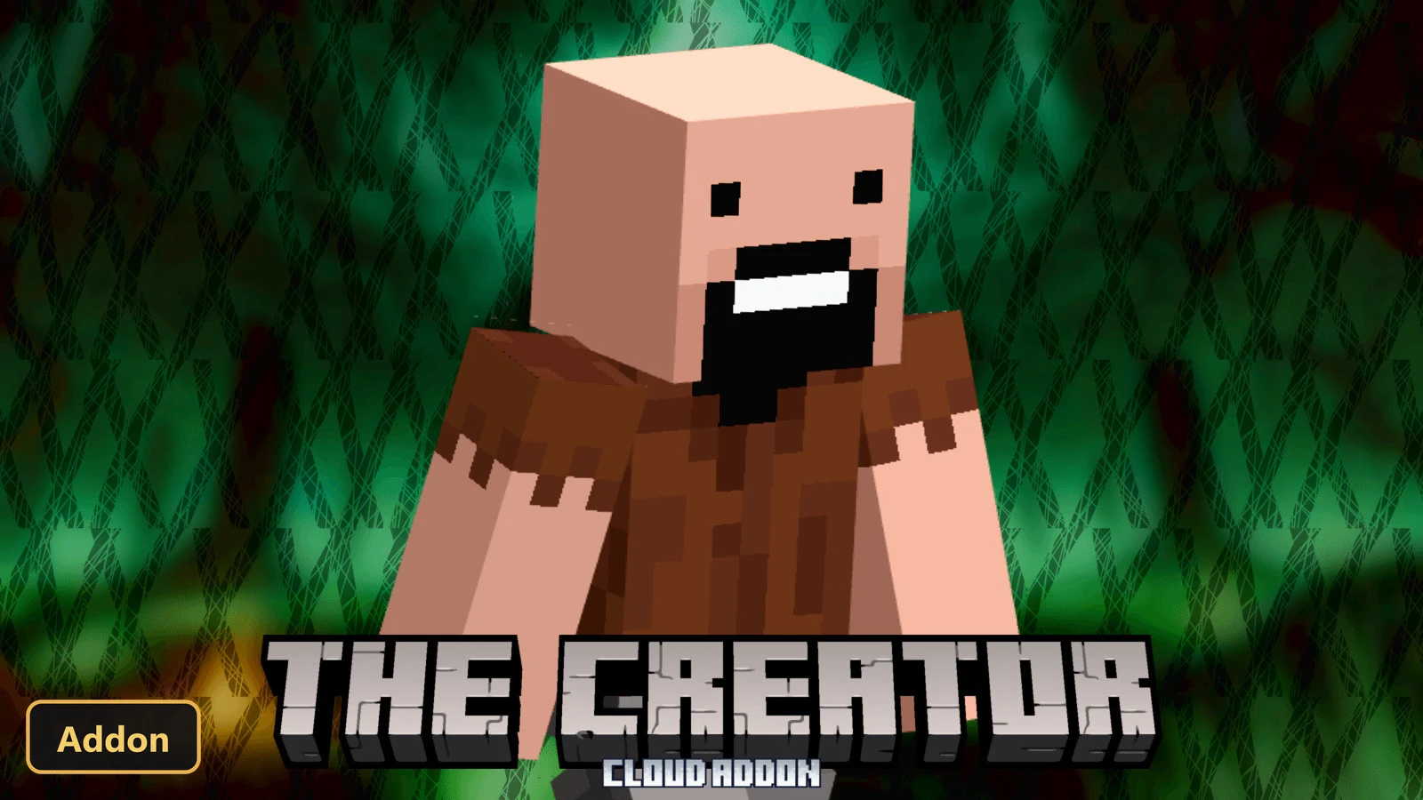 bearded man monster in brown tunic with big smile