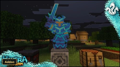 blue armor and sword on an armor stand at night