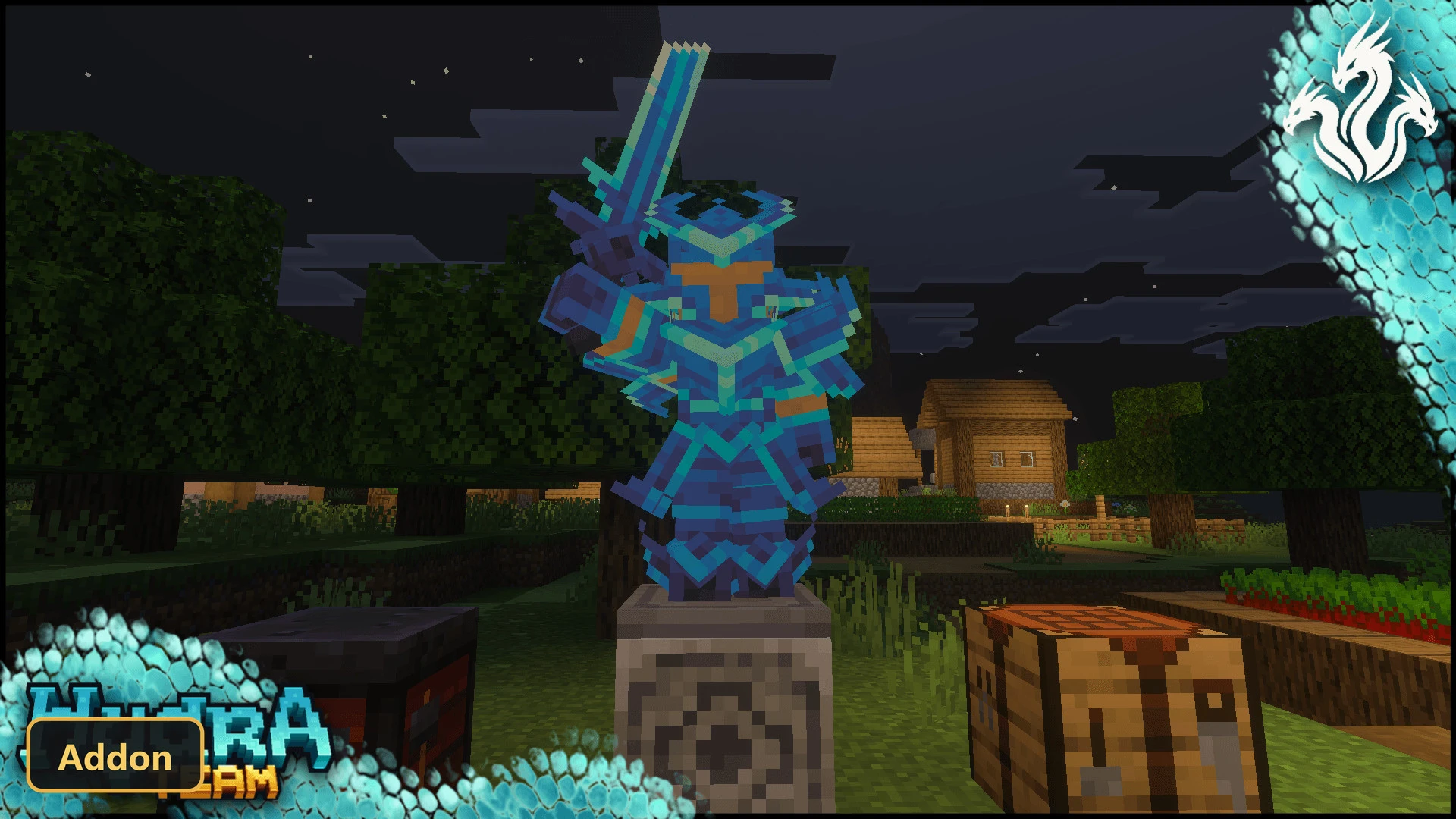 blue armor and sword on an armor stand at night