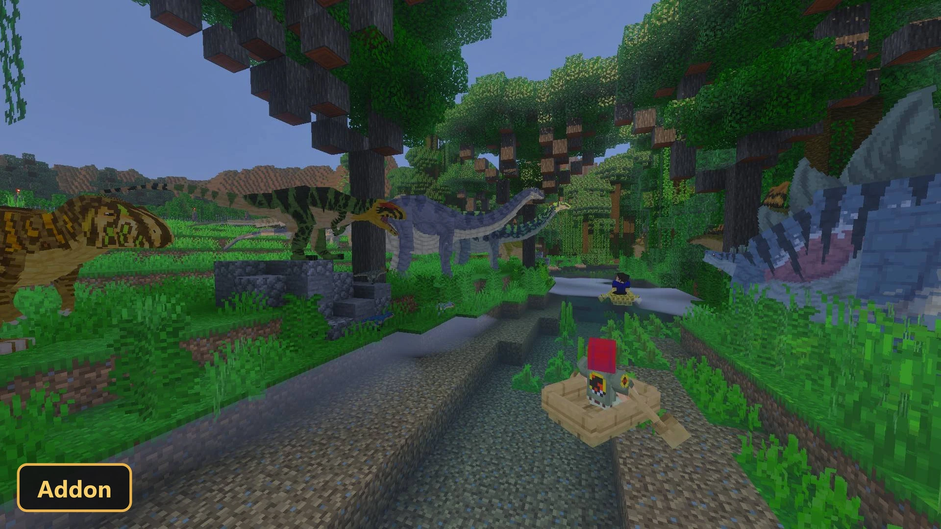 various dinosaurs and a small boat in a jungle
