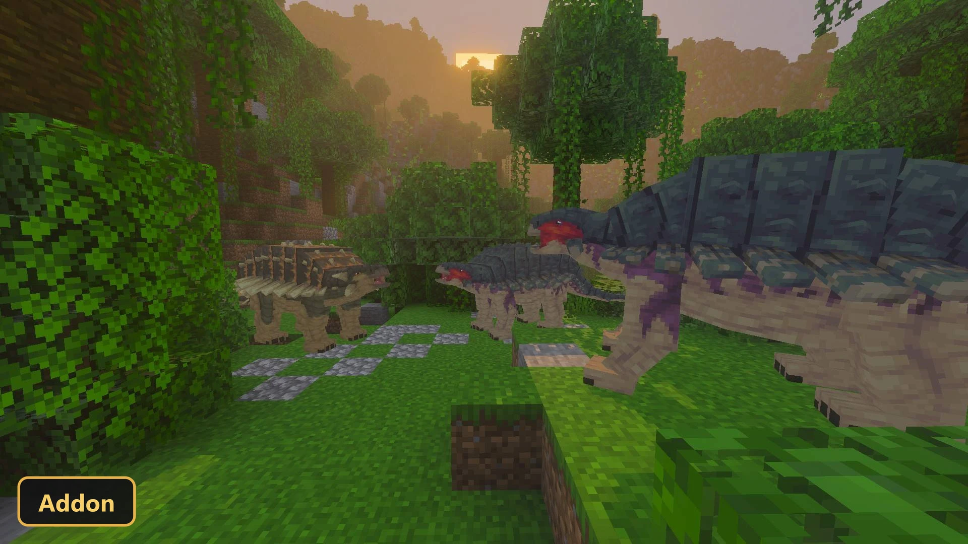 three armored dinosaurs in a jungle clearing