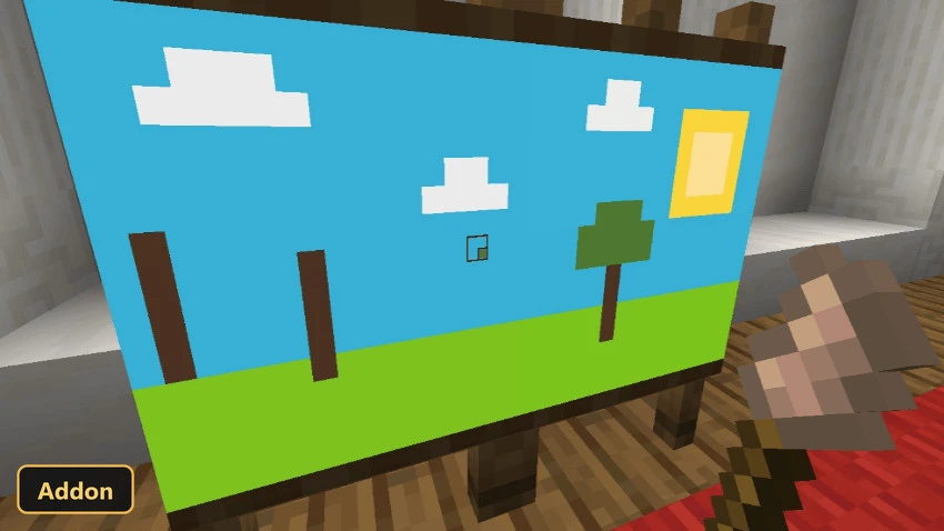 player holding a brush, painting a landscape on an easel