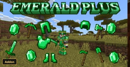 player character wearing emerald armor, surrounded by emerald tools and ingots