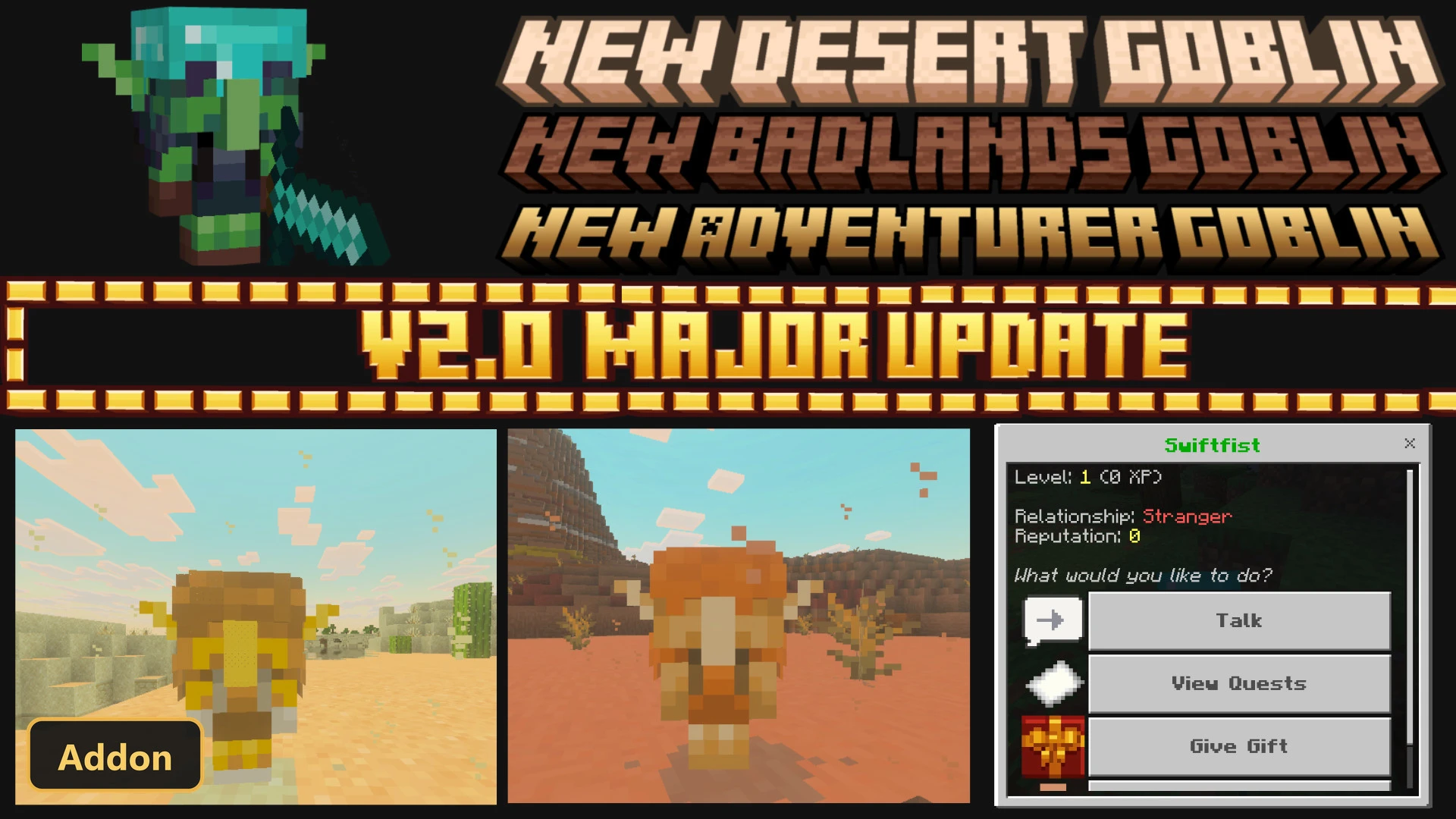 three goblin mobs, two in desert, one menu