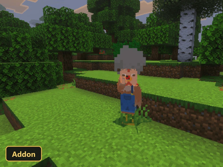 chicken mob wearing a wig and overalls in a forest