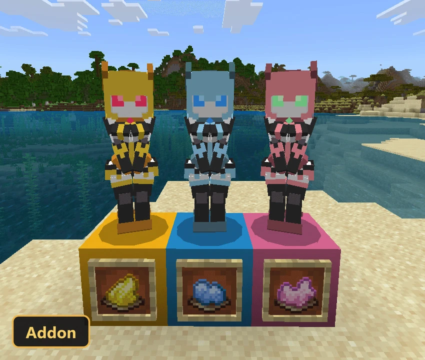 three robot mobs and crafting ingredients on a beach