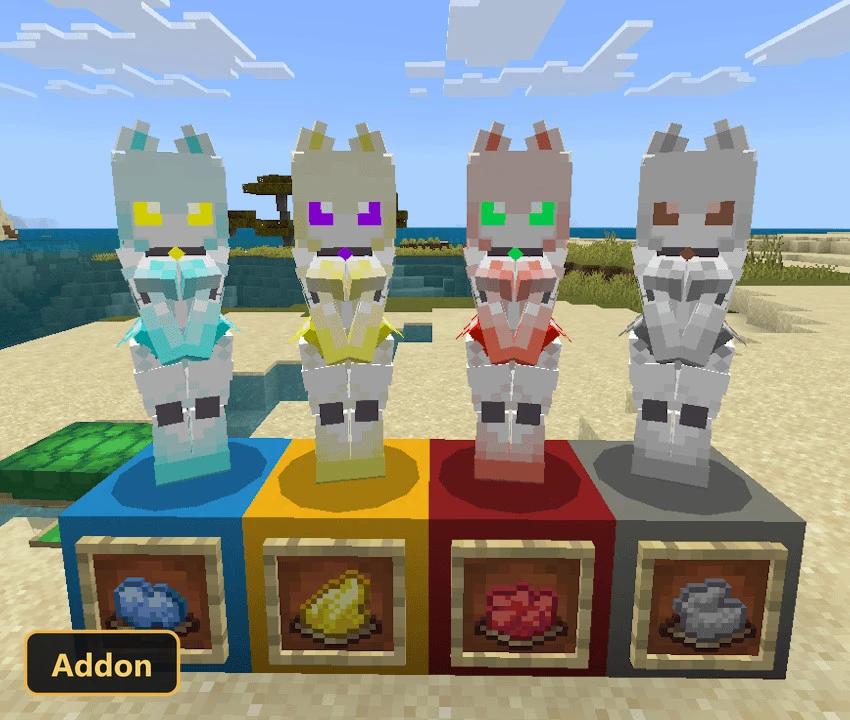 four robot mobs and crafting ingredients on a beach