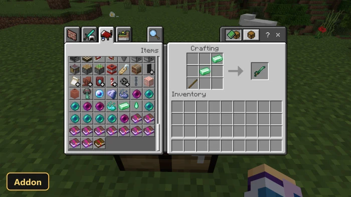 crafting recipe for a new sword using emerald ingots and a stick