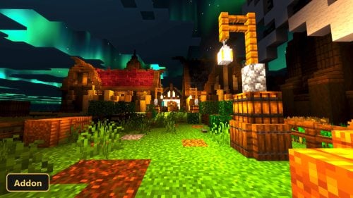 medieval village scene at night with aurora borealis