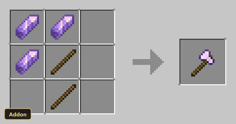 crafting recipe for a purple axe from amethyst shards and sticks