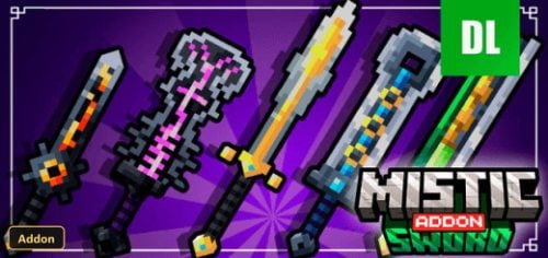Five pixel art swords on a purple background