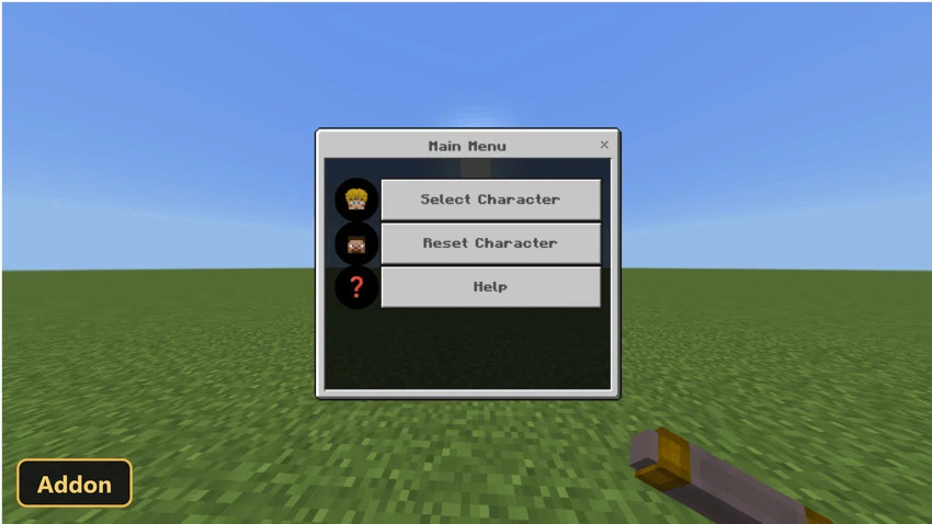 main menu with character selection and help options