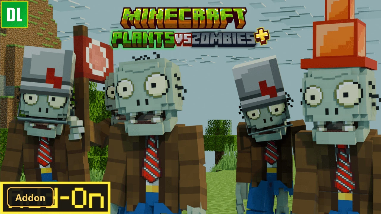 four zombie mobs with different headwear and a flag