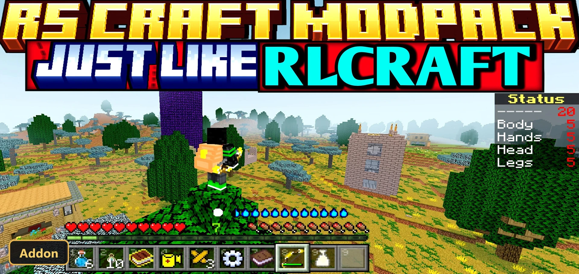 player character in a world with custom structures and UI elements