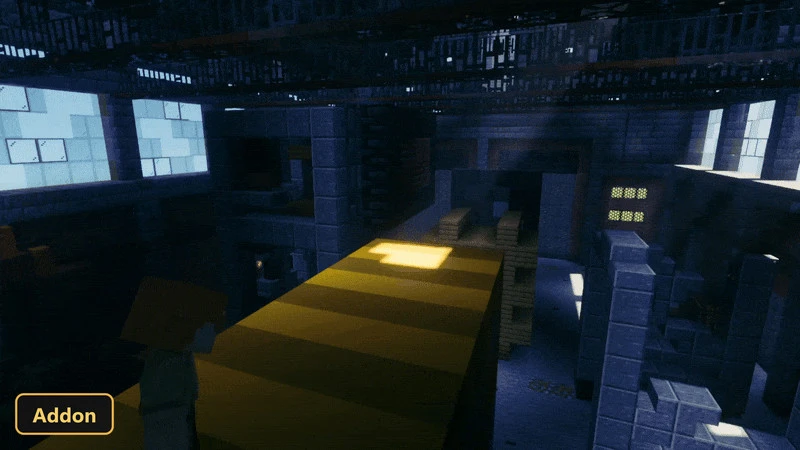 character on a yellow platform in a dark industrial building