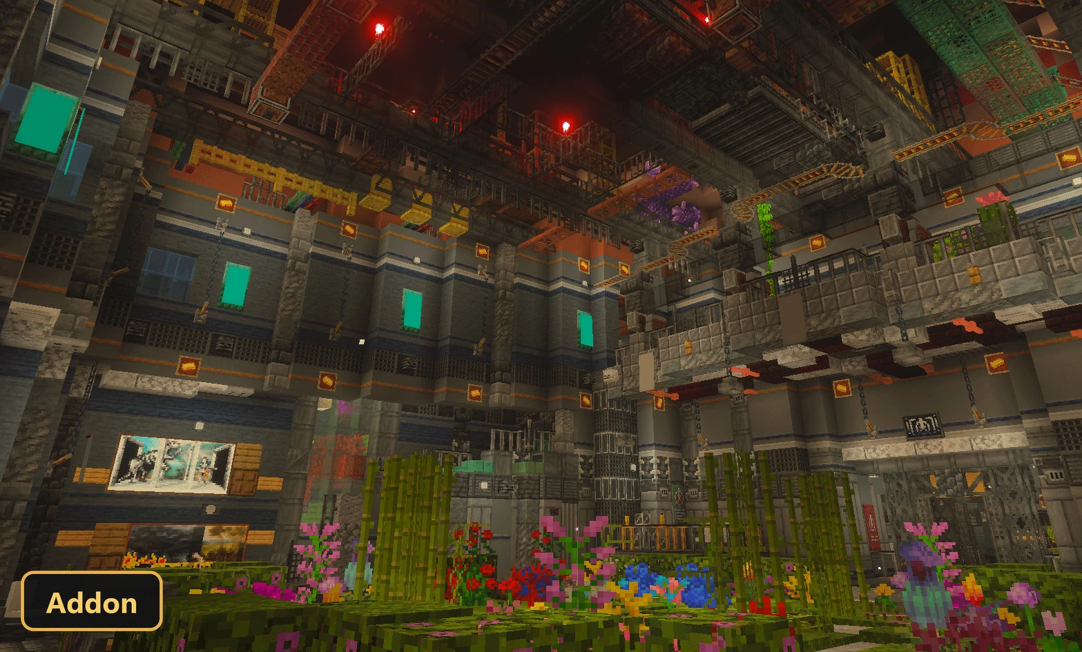a large, complex industrial room with plants and colorful lighting
