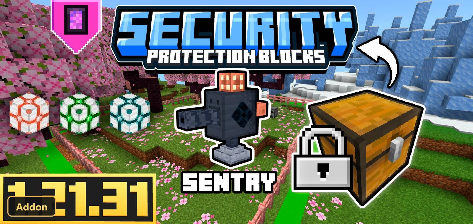 Sentry, three protection blocks, and a locked chest in a cherry grove