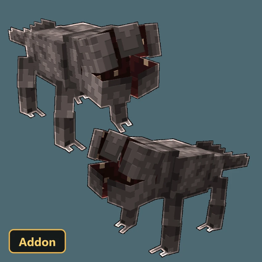 two pixelated grey dog-like mobs with open mouths