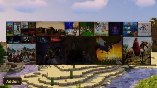a large wall of Minecraft paintings in a desert biome
