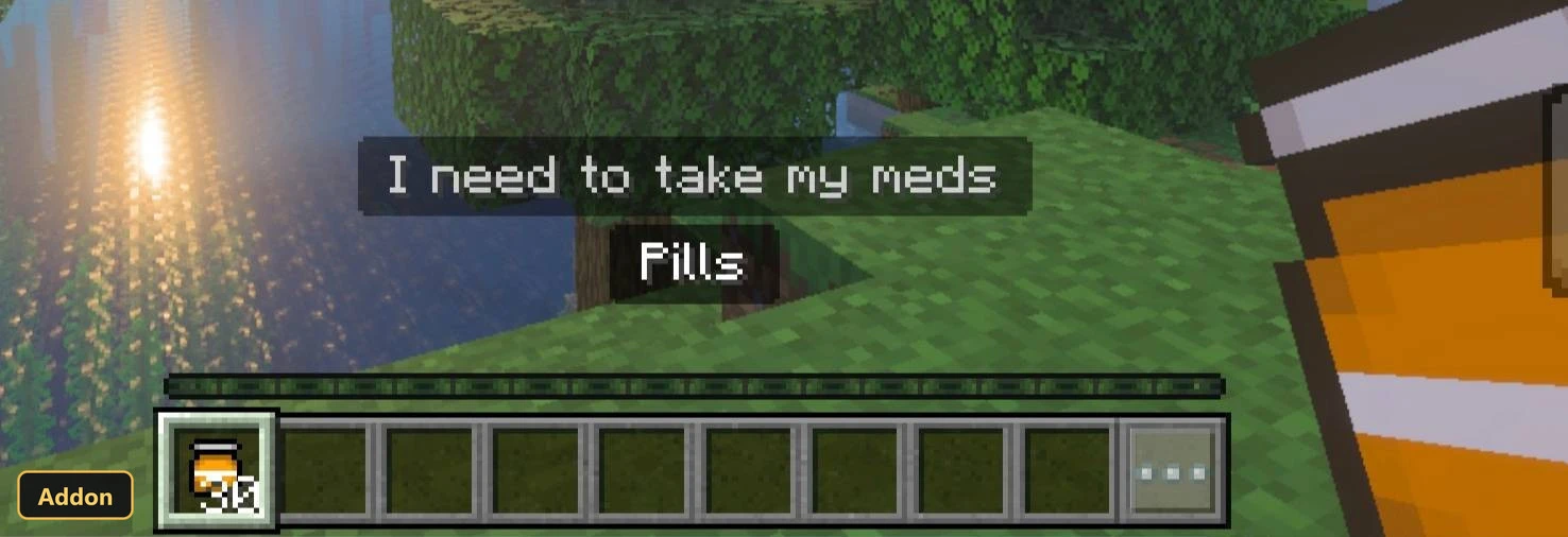 a player holding a pill bottle with "I need to take my meds" text