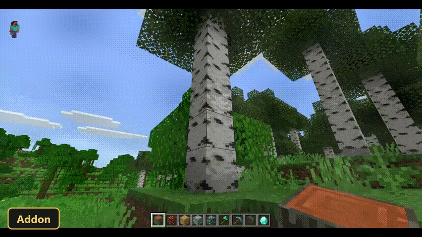player holding a copper block, looking at the base of a birch tree