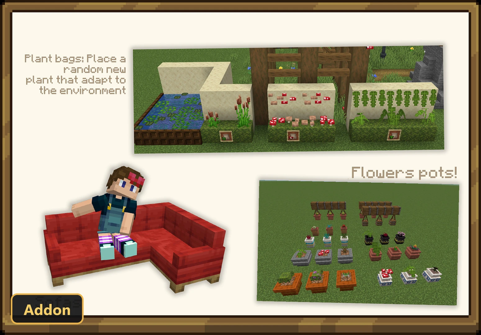 player on a sofa, plant bags, and flower pots