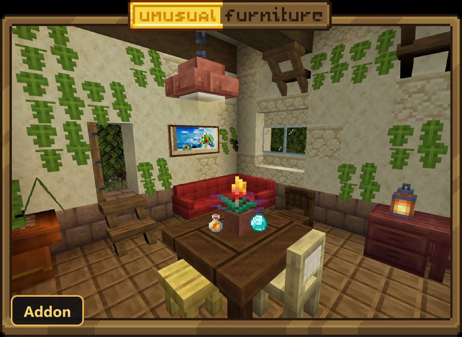 living room scene with furniture and decorations