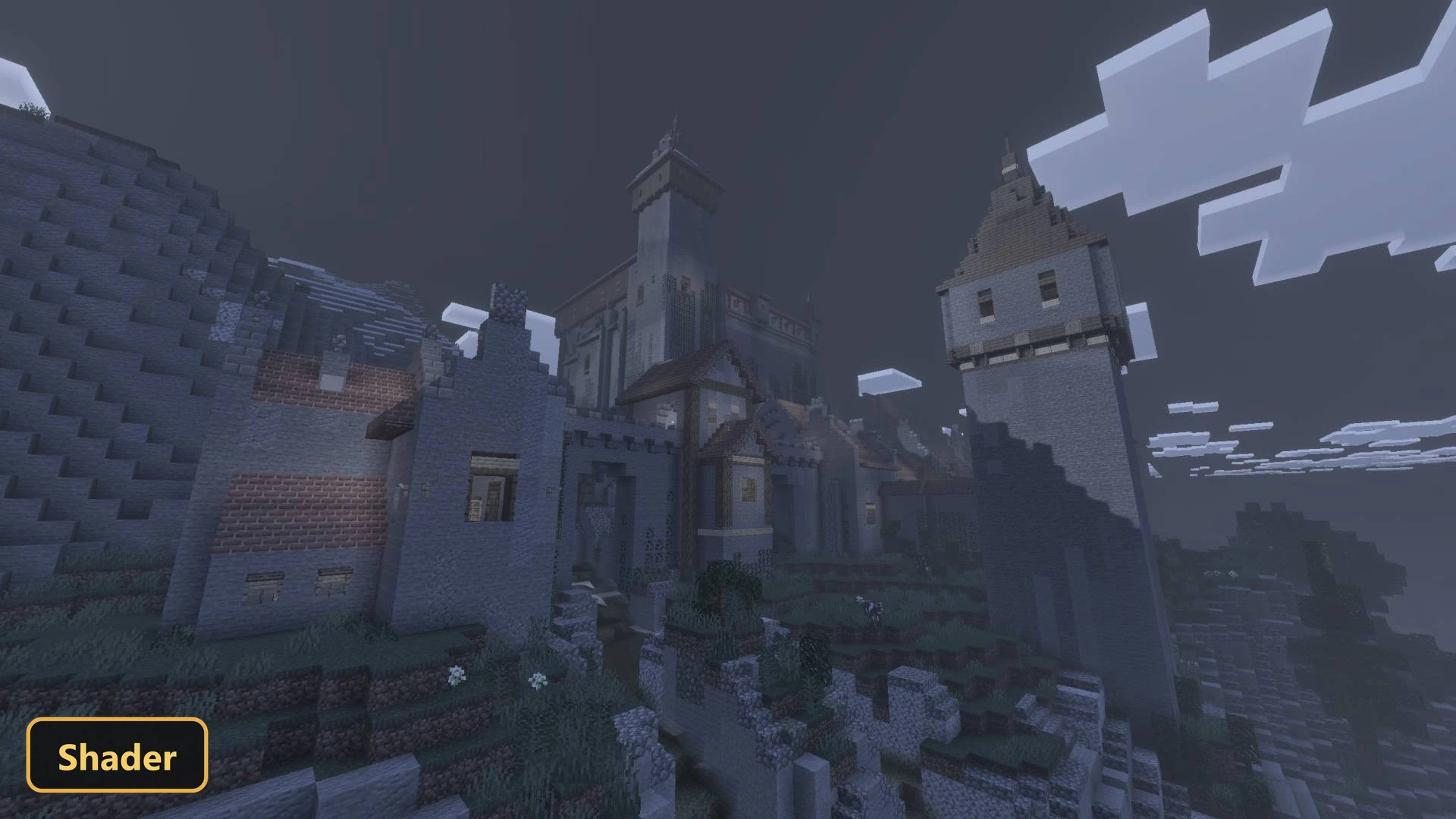 large medieval castle on a hill, foggy and overcast