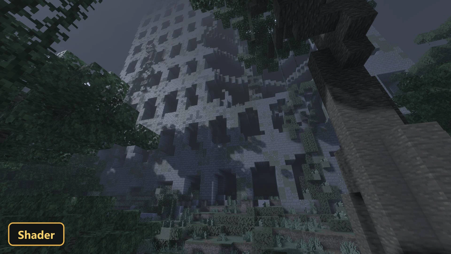 overgrown, ruined building with trees and dense fog
