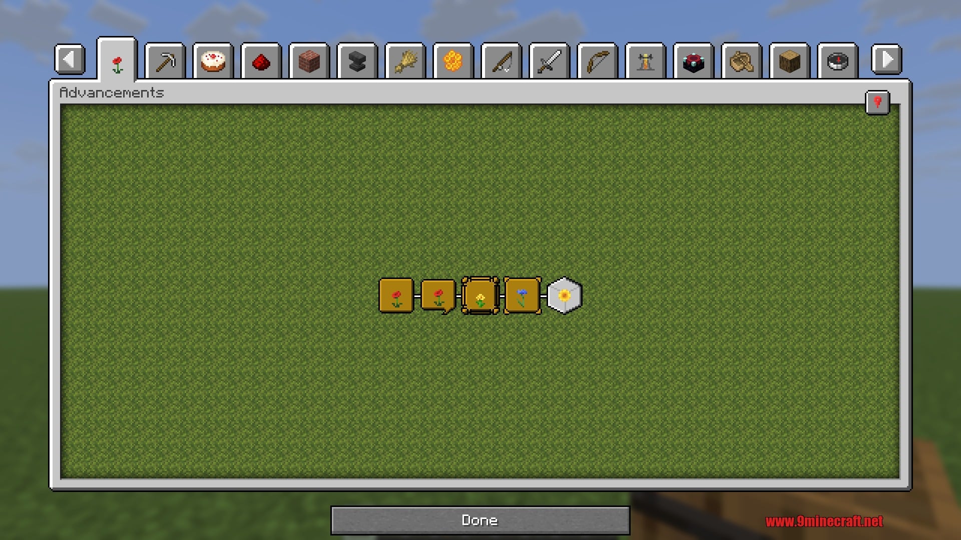 The enlarged advancements screen with 21 tabs split across pages