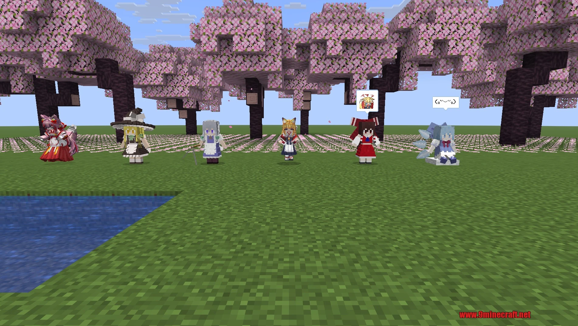 A row of maids in different outfits standing in a cherry blossom garden