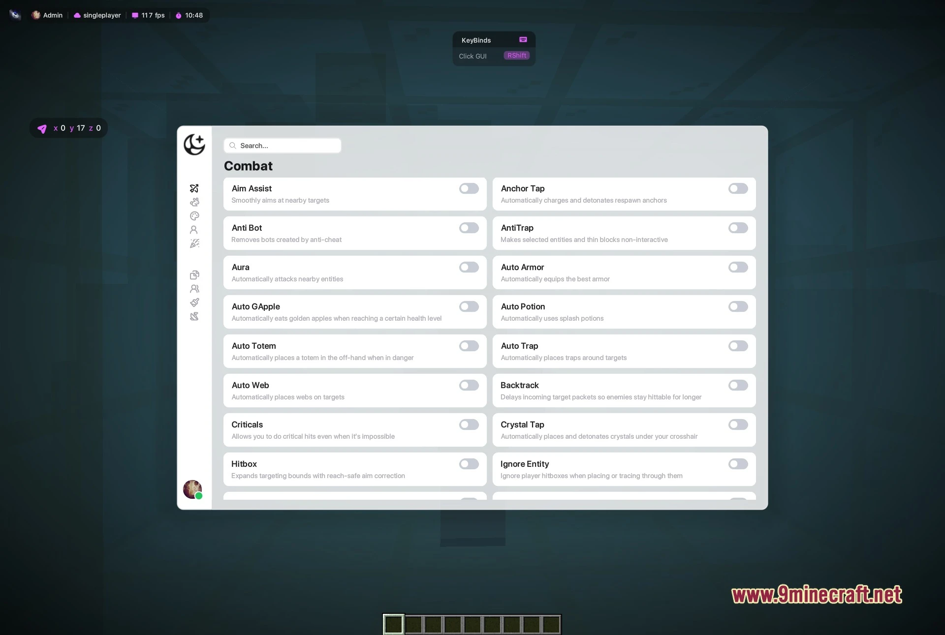 Moon DLC Client Mod Screenshot 2 Moon DLC ClickGUI with the module list scrolled, showing the top bar account chip, the singleplayer indicator, the frame rate counter and the in-game clock