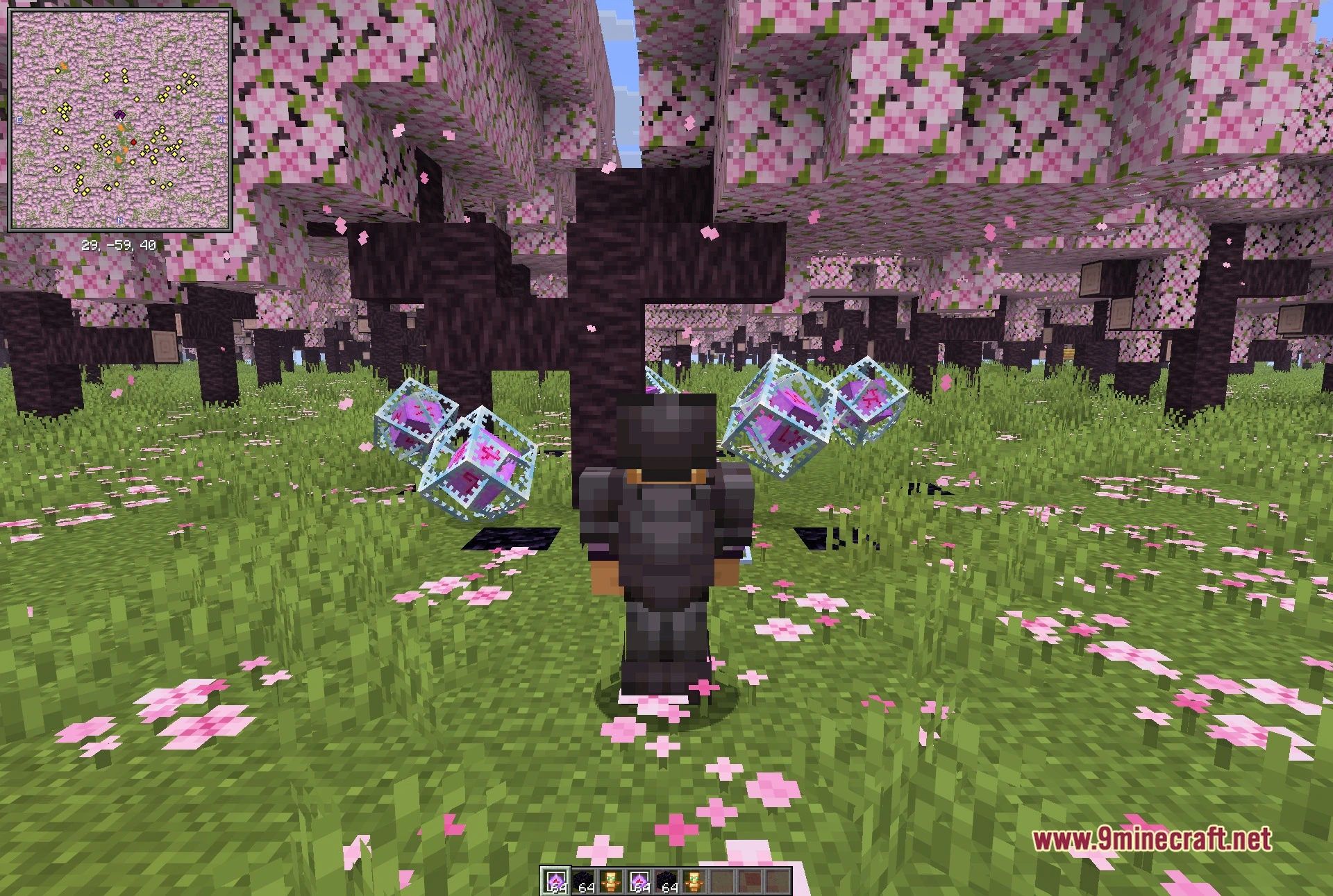 BepHax Client Mod Screenshot 3 Third-person view of the player in netherite armour holding an end crystal