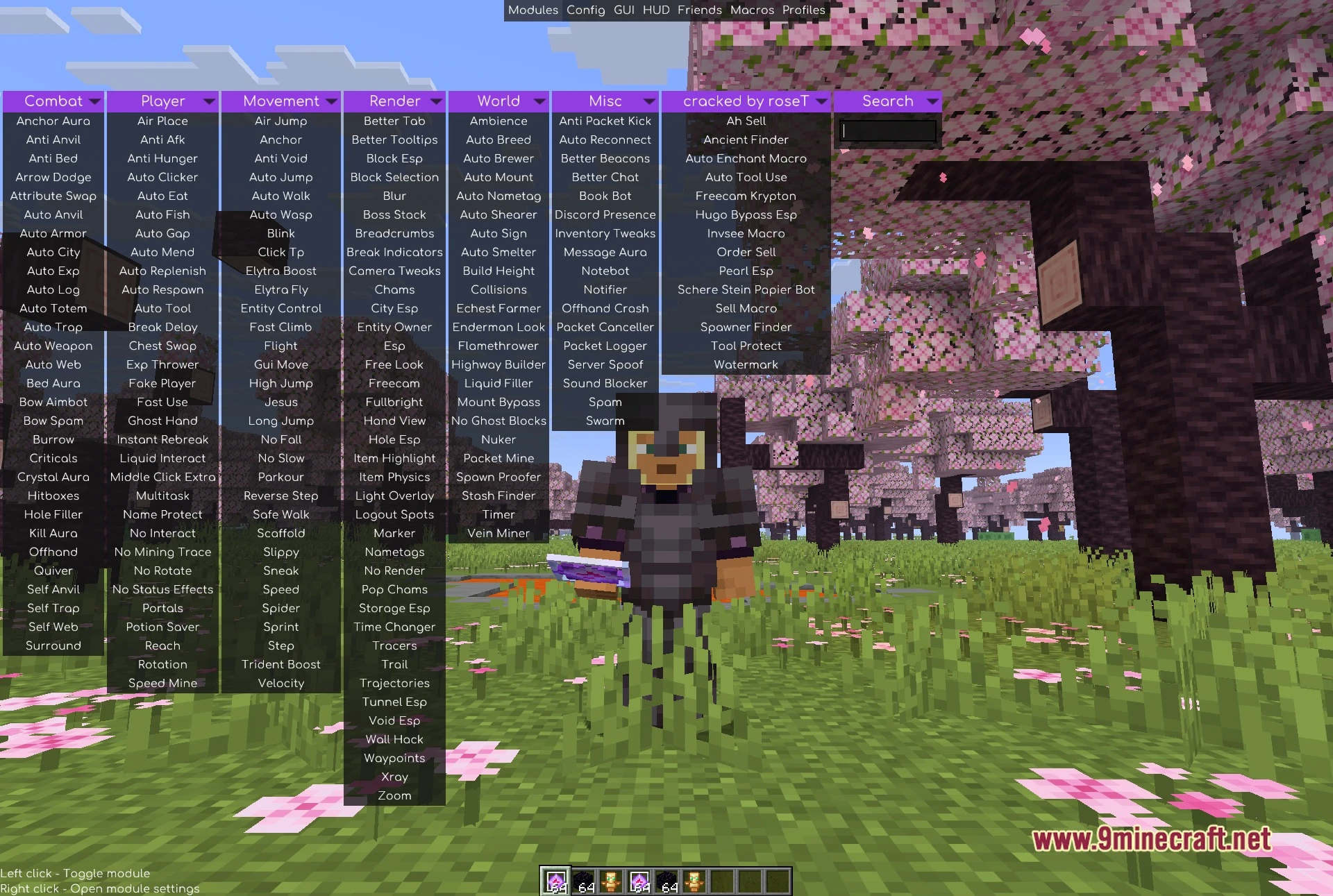 Meteor ClickGUI with the Enjoyer Addon tab open, listing Ah Sell, Ancient Finder, Auto Enchant Macro, Auto Tool Use, Freecam Krypton, Hugo Bypass Esp, Invsee Macro, Order Sell, Pearl Esp, Schere Stein Papier Bot, Sell Macro, Spawner Finder, Tool Protect and Watermark