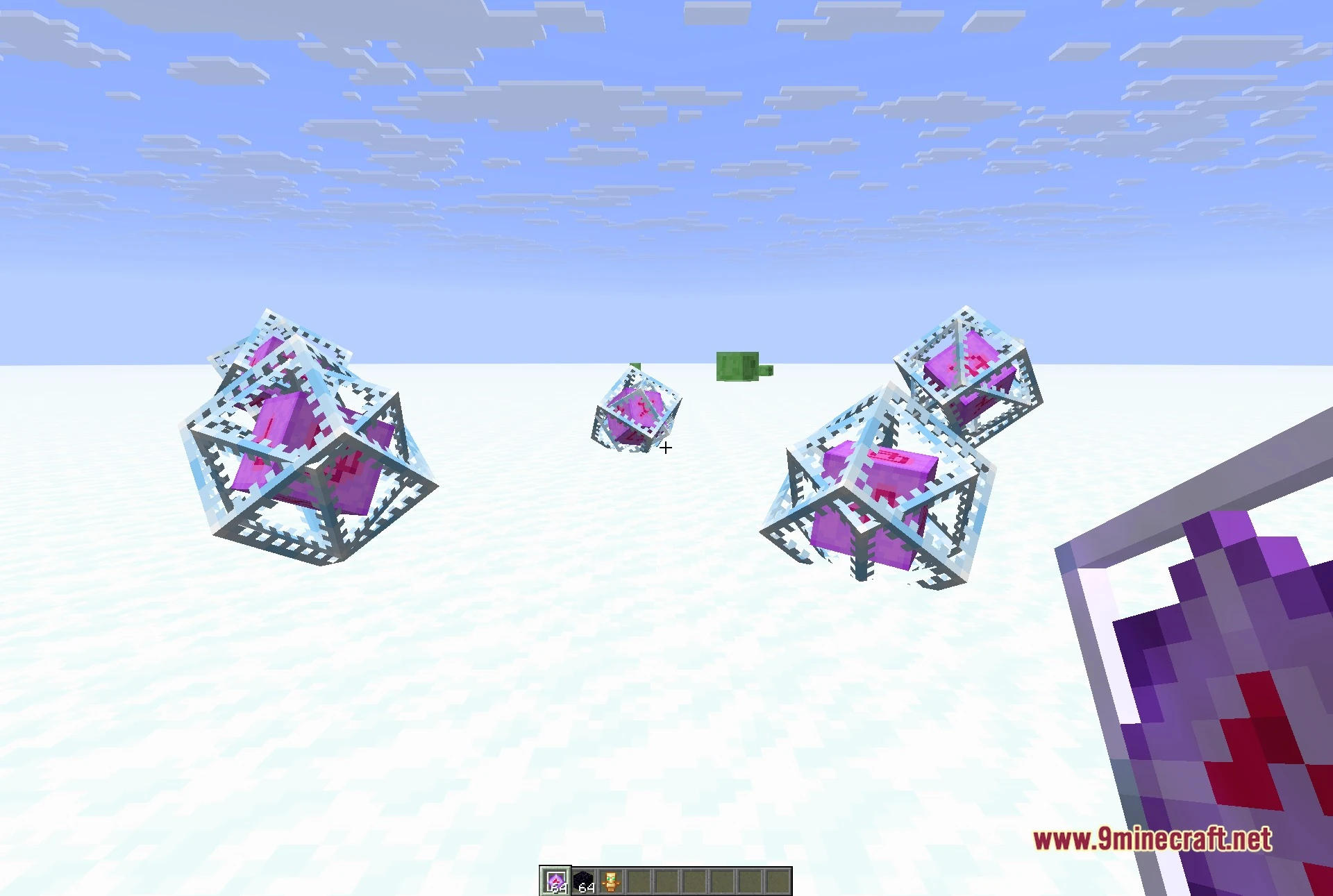 Player standing on the ice sheet with end crystals placed on the surface
