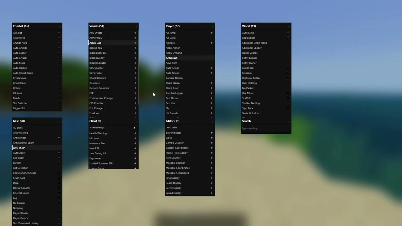 Nyx Client ClickGUI module menu for Minecraft Bedrock