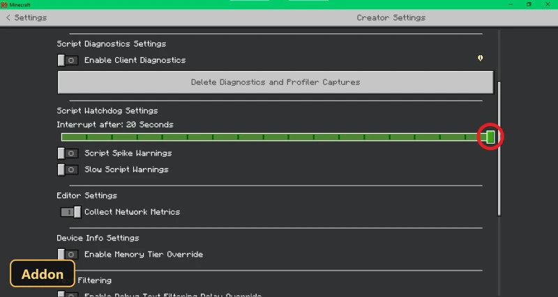 Creator settings screen with script watchdog slider highlighted