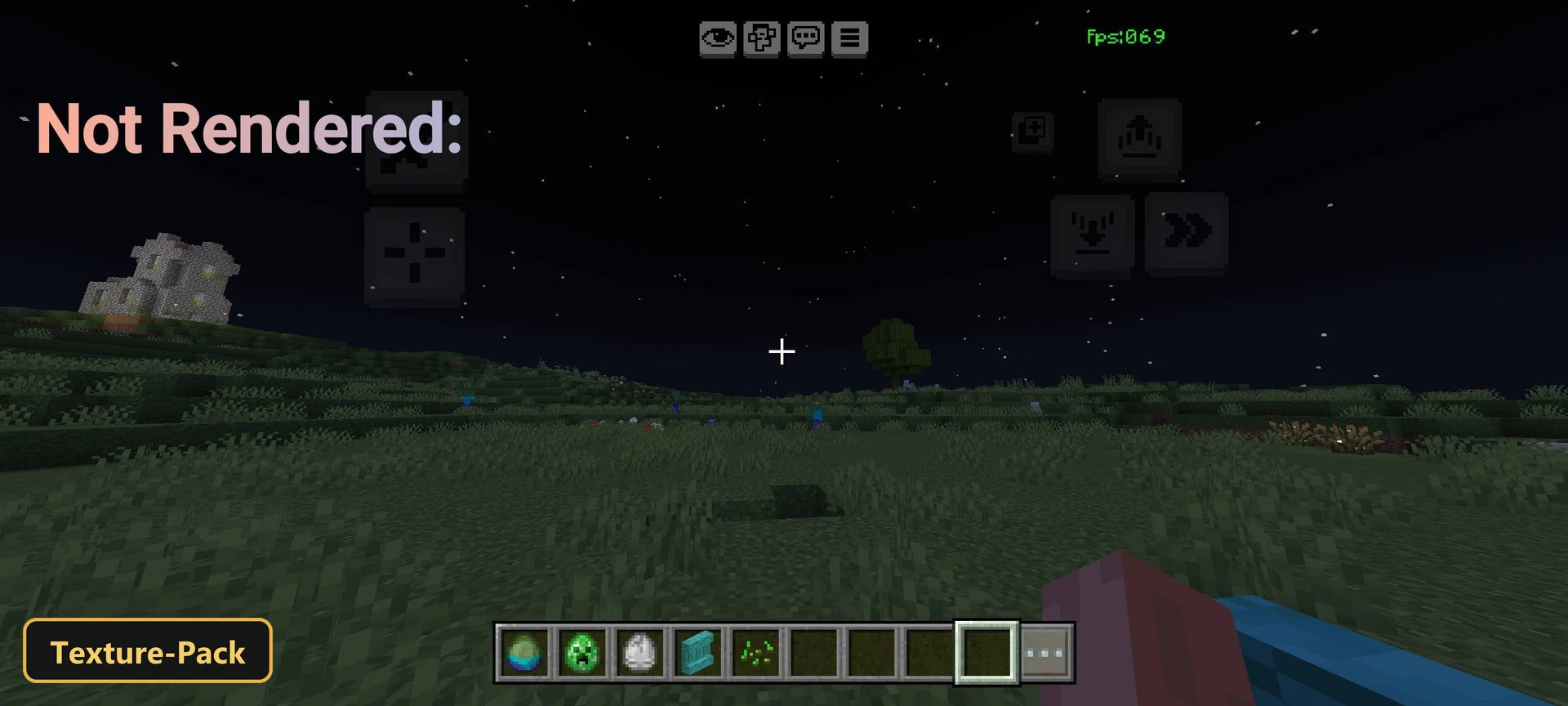 night grassland with distant hills, trees and a few mobs