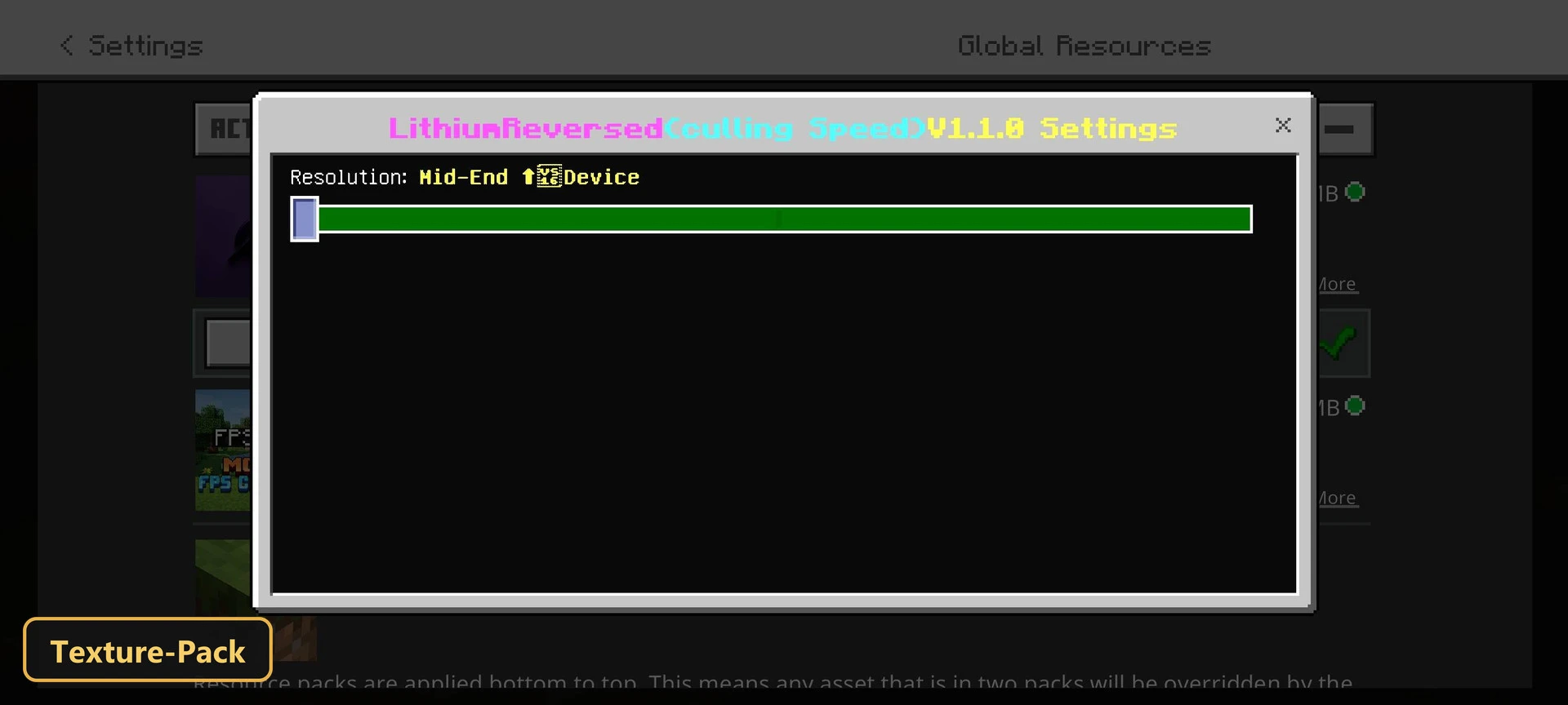 pack settings slider set to mid-end device resolution