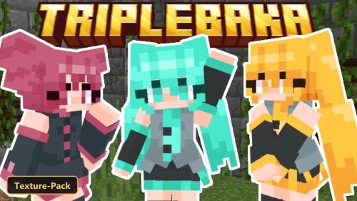 three Vocaloid-style skins posed before mossy stone wall with vines