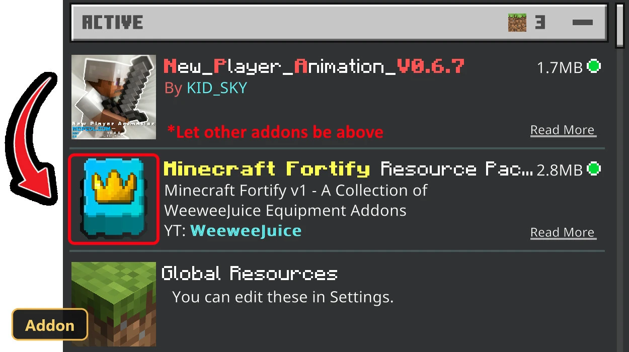pack list screen showing resource pack activation order