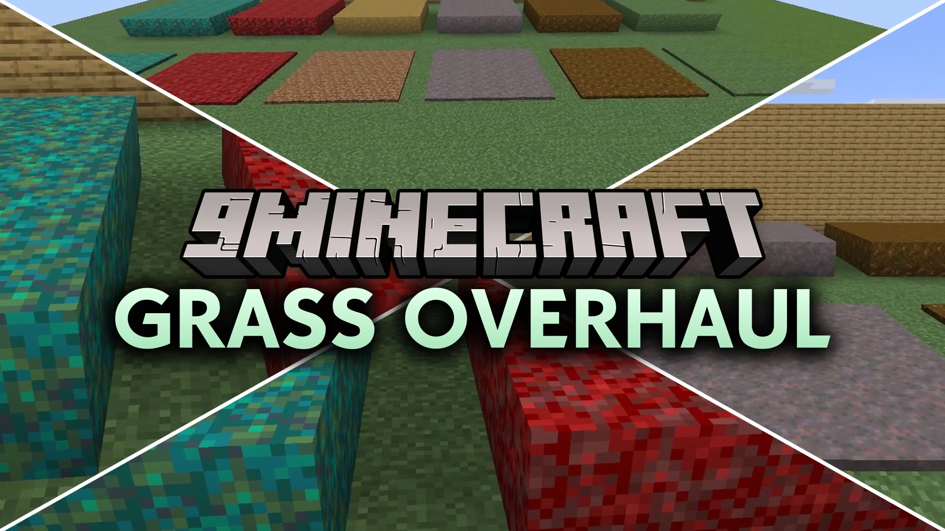 Grass Overhaul 9minecraft Mod Screenshot 1 A row of colorful decorative grass blocks displayed on a flat grassy area