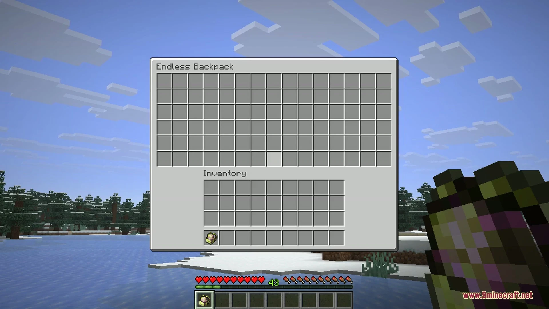 Inmis 9minecraft Mod Screenshot 3 Player viewing the small storage space inside a Frayed Backpack in Minecraft