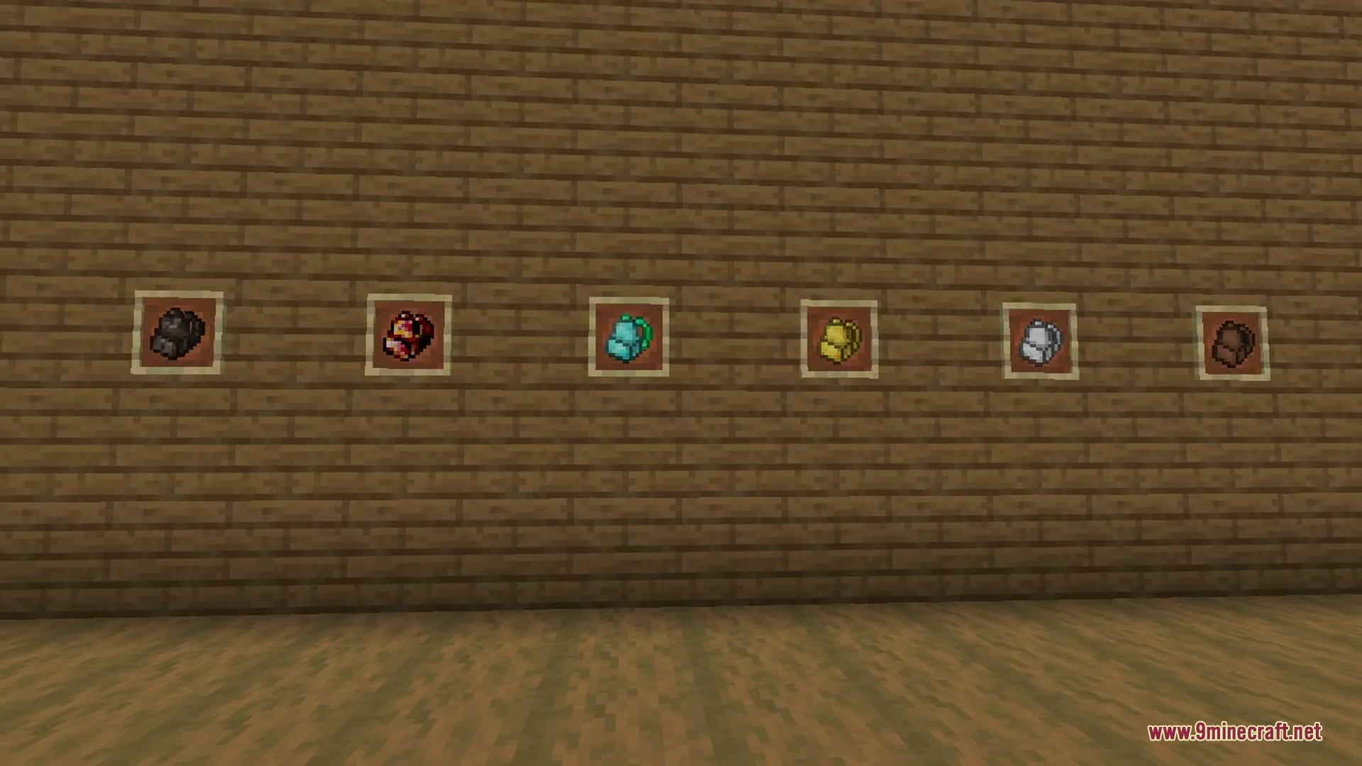 Inmis 9minecraft Mod Screenshot 7 Three different backpacks floating in a flat Minecraft world near a village