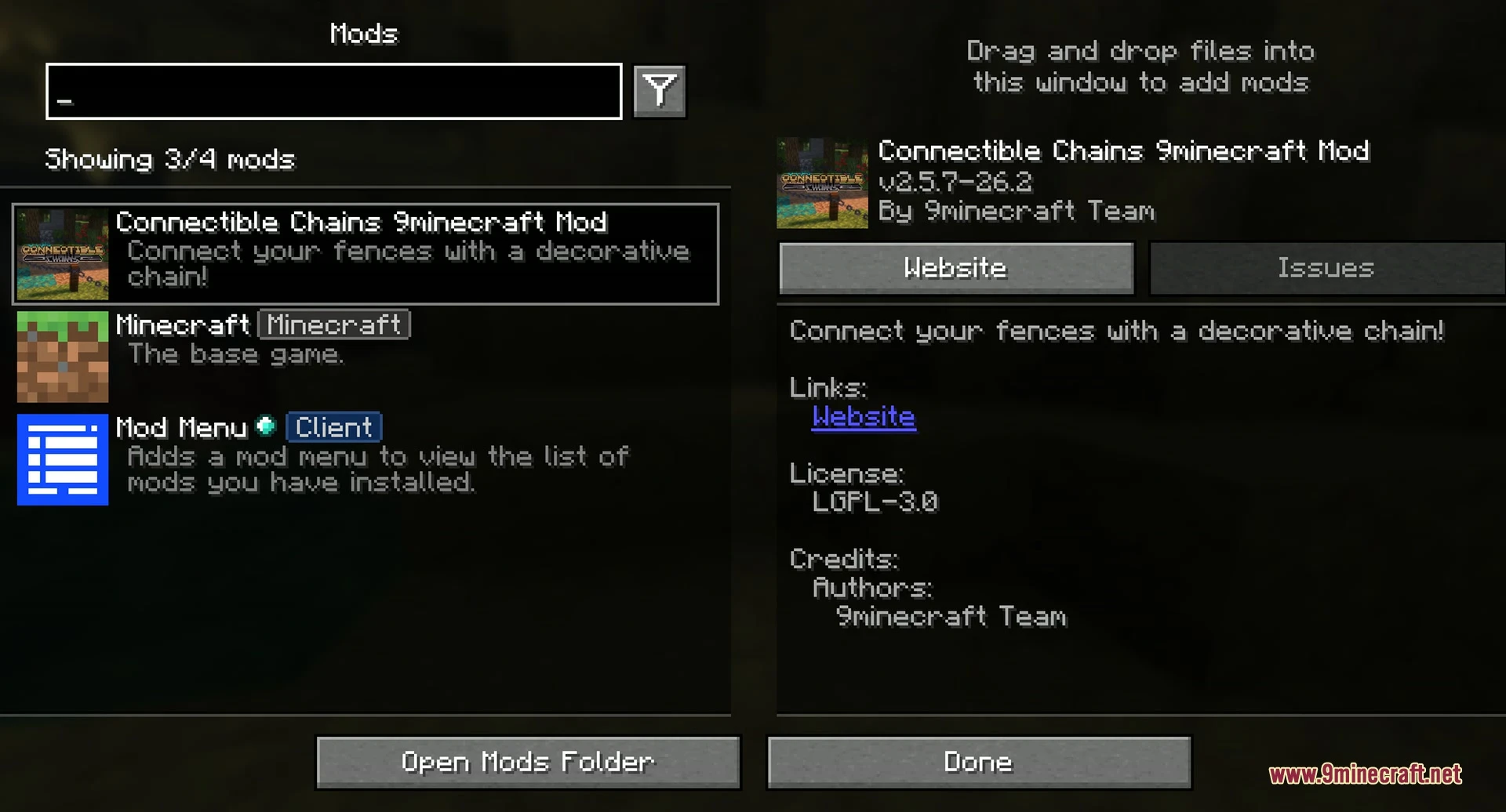 Connectible Chains 9minecraft Mod (26.3) Mods Screen