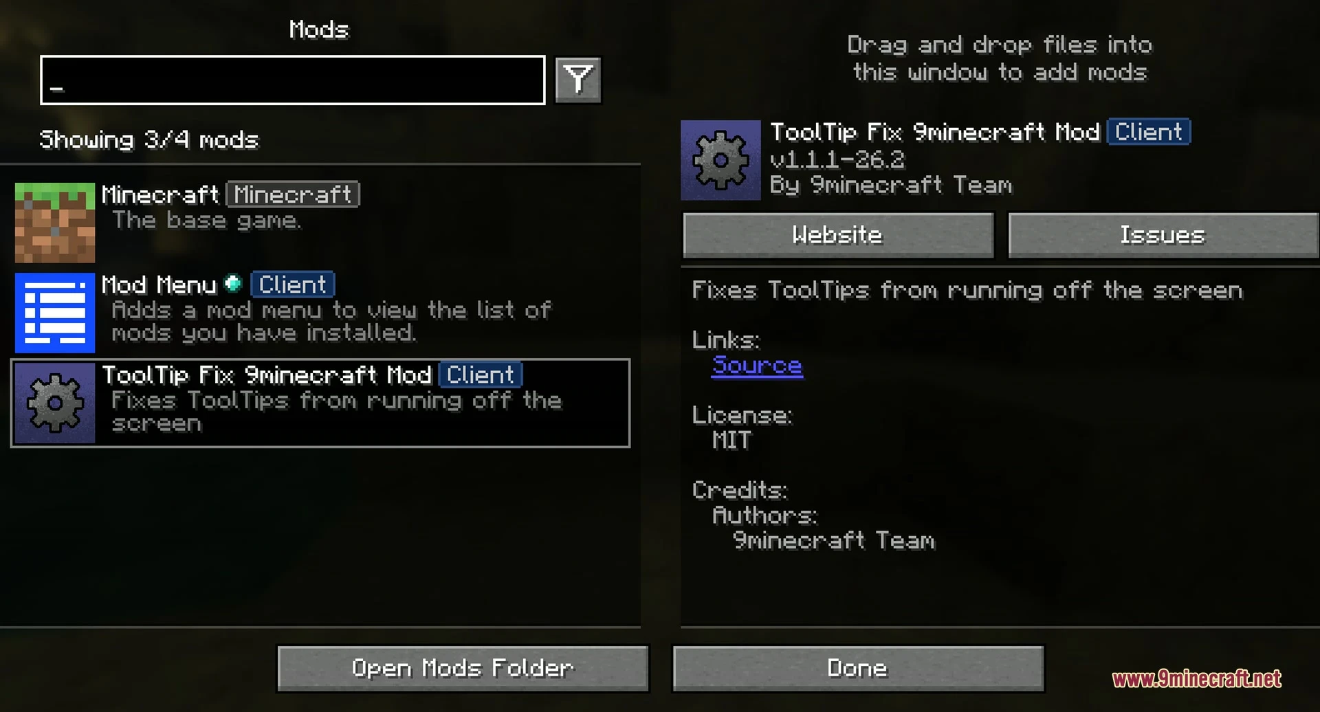 ToolTipFix 9minecraft Mod (26.3) Mods Screen