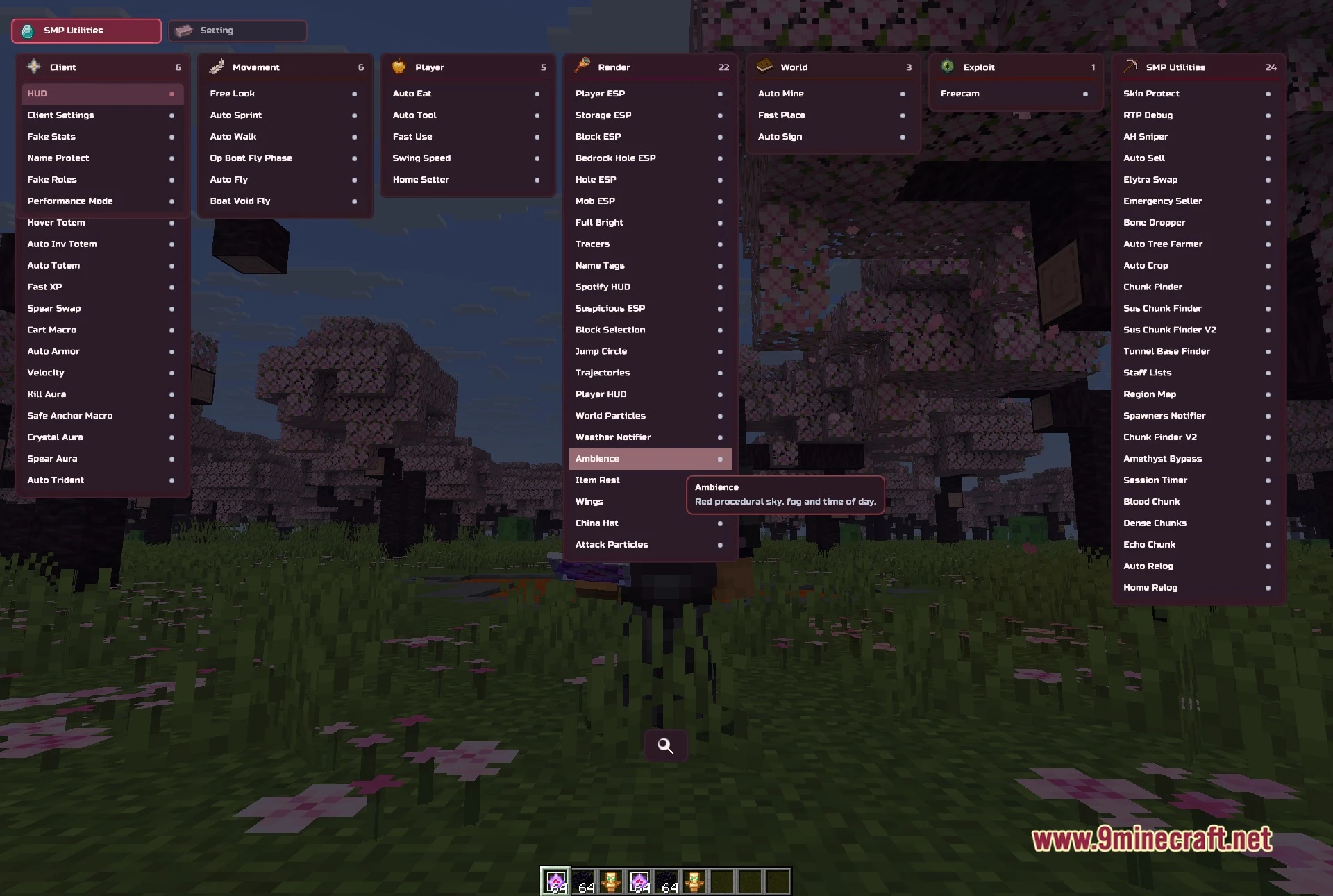 Blood v3.1 Client Mod Screenshot 1 Blood v3.1 ClickGUI open over a cherry grove, showing its module categories